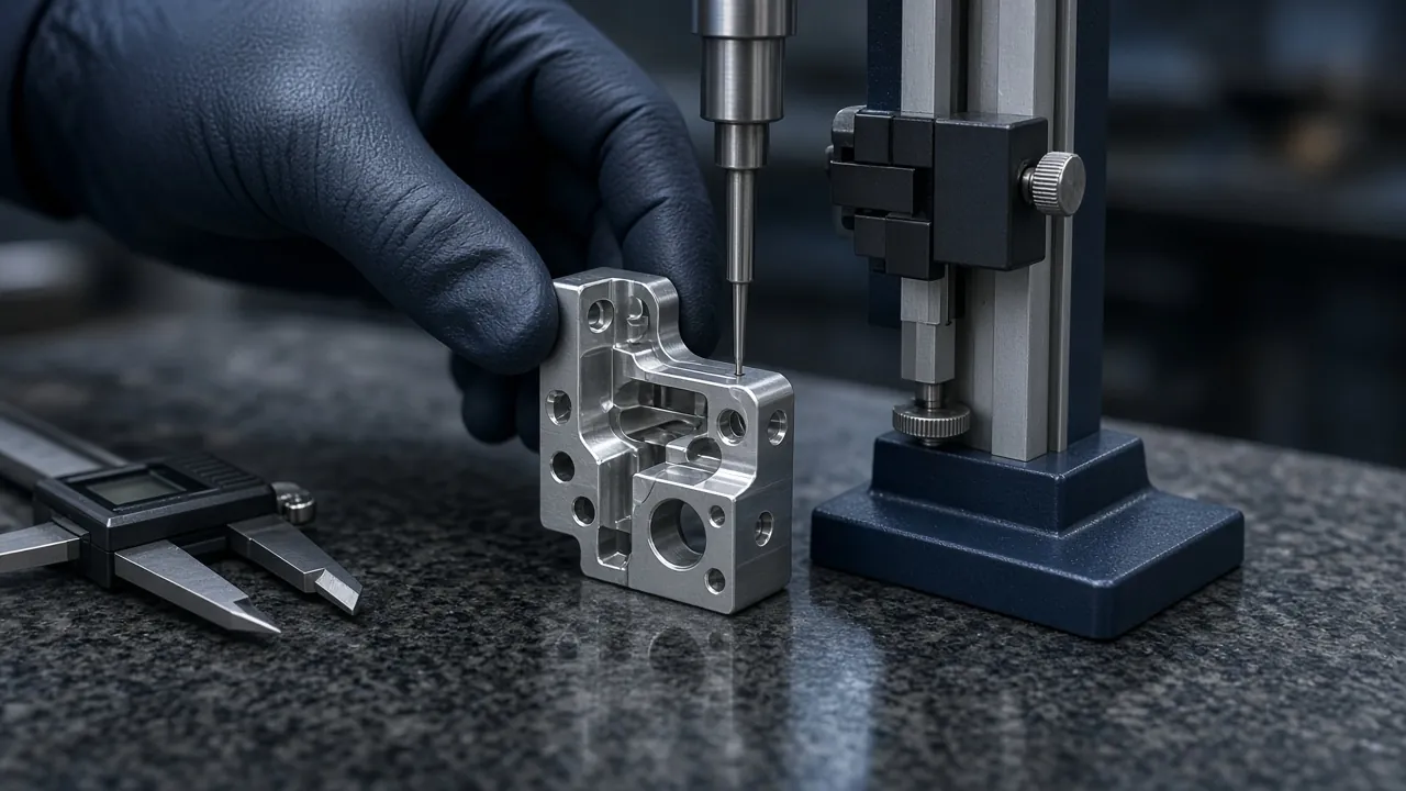 AI-generated illustration of a machined part being measured with a height gauge on a granite plate.