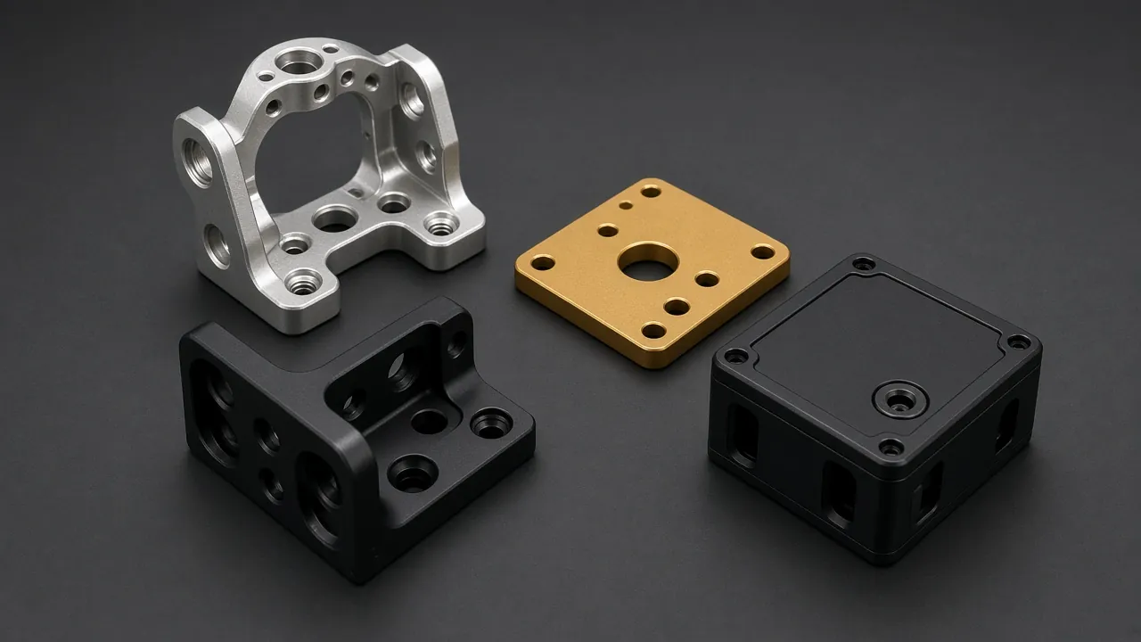 AI-generated illustration of anodized aluminum brackets, plates, and housings.